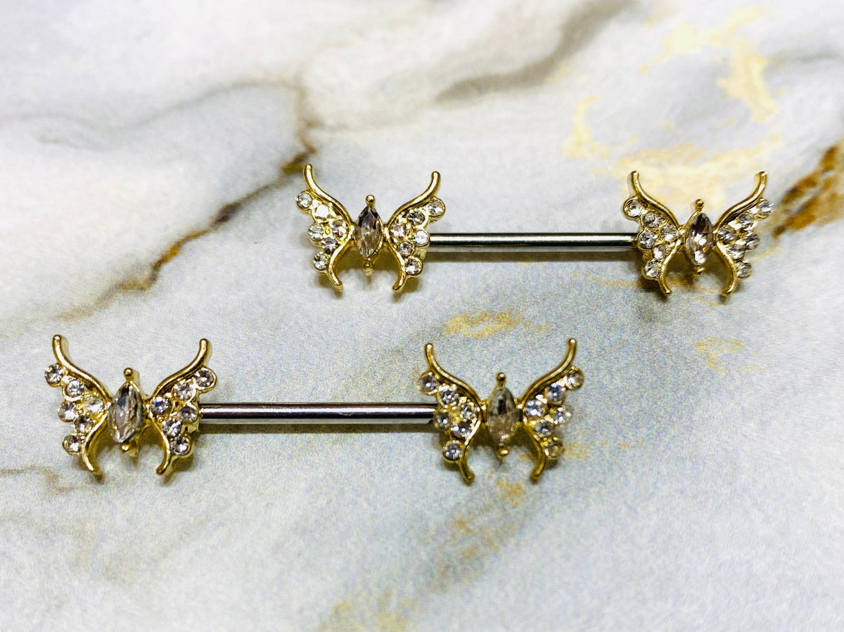 14G Gold Butterfly with Marquise Center Stone Nipple Barbells. Nipple Piercings. Nipple Rings. Nipple Jewelry