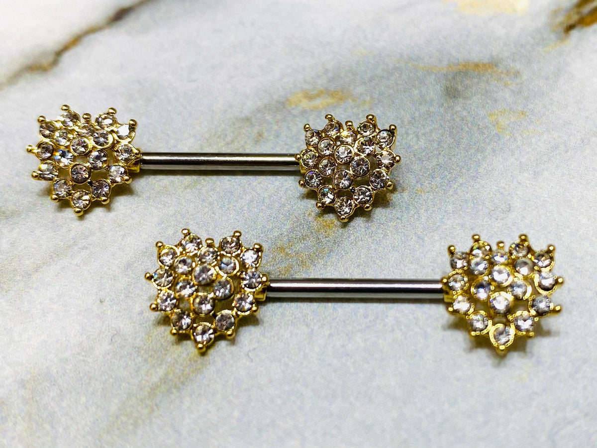 14G Gold Crystal Heart Shape Ends Nipple Barbells. Nipple Piercing. Nipple Jewelry. Nipple Rings