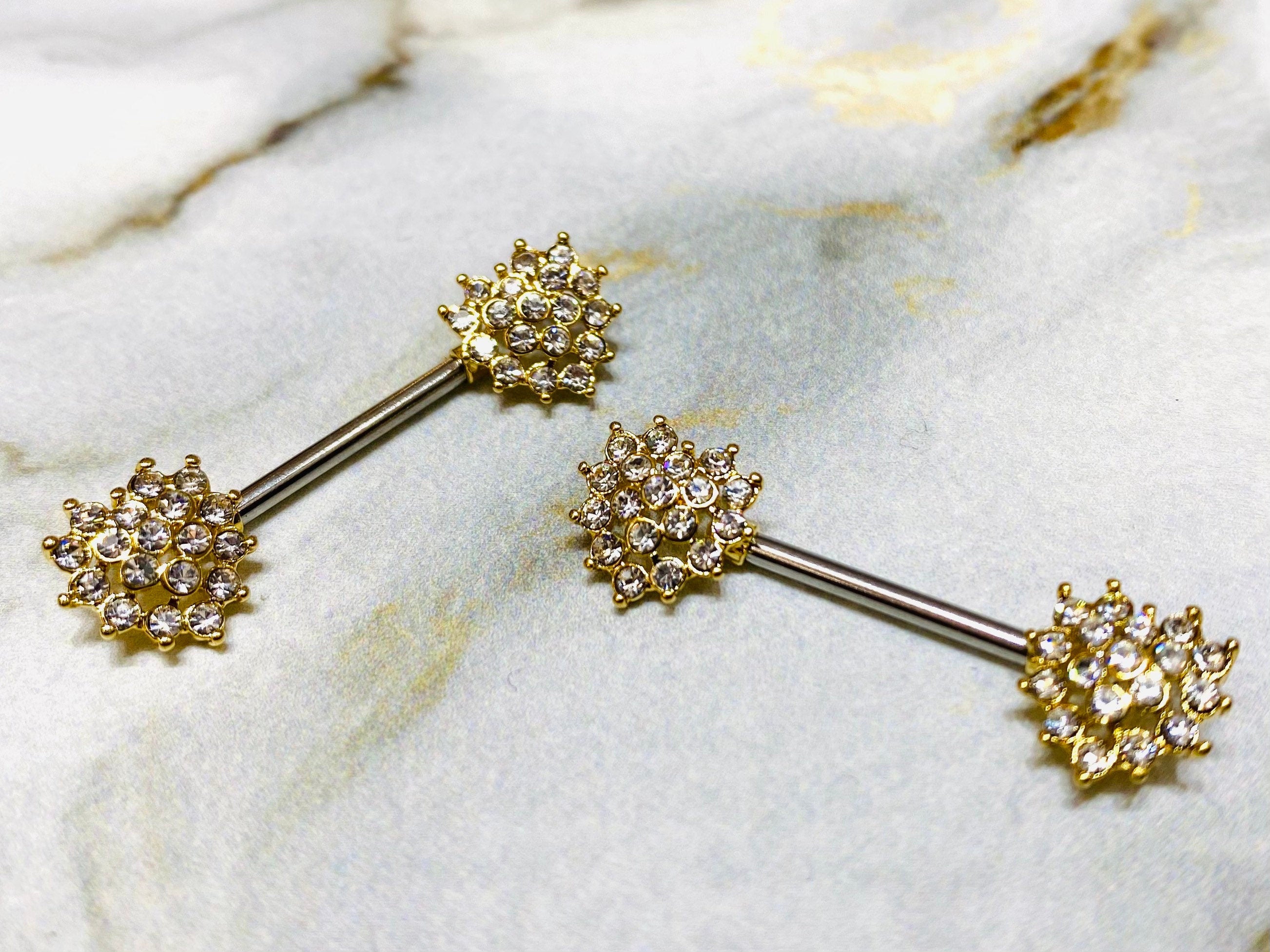 14G Gold Crystal Heart Shape Ends Nipple Barbells. Nipple Piercing. Nipple Jewelry. Nipple Rings