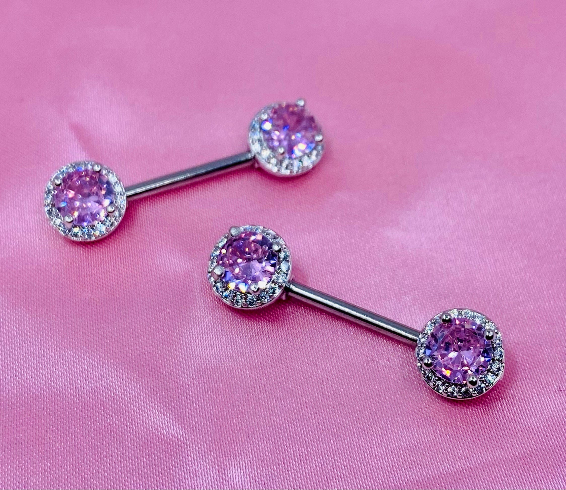 14G Pink Round Crystal Gem Paved Nipple Barbell. Nipple Piercing. Nipple Jewelry.