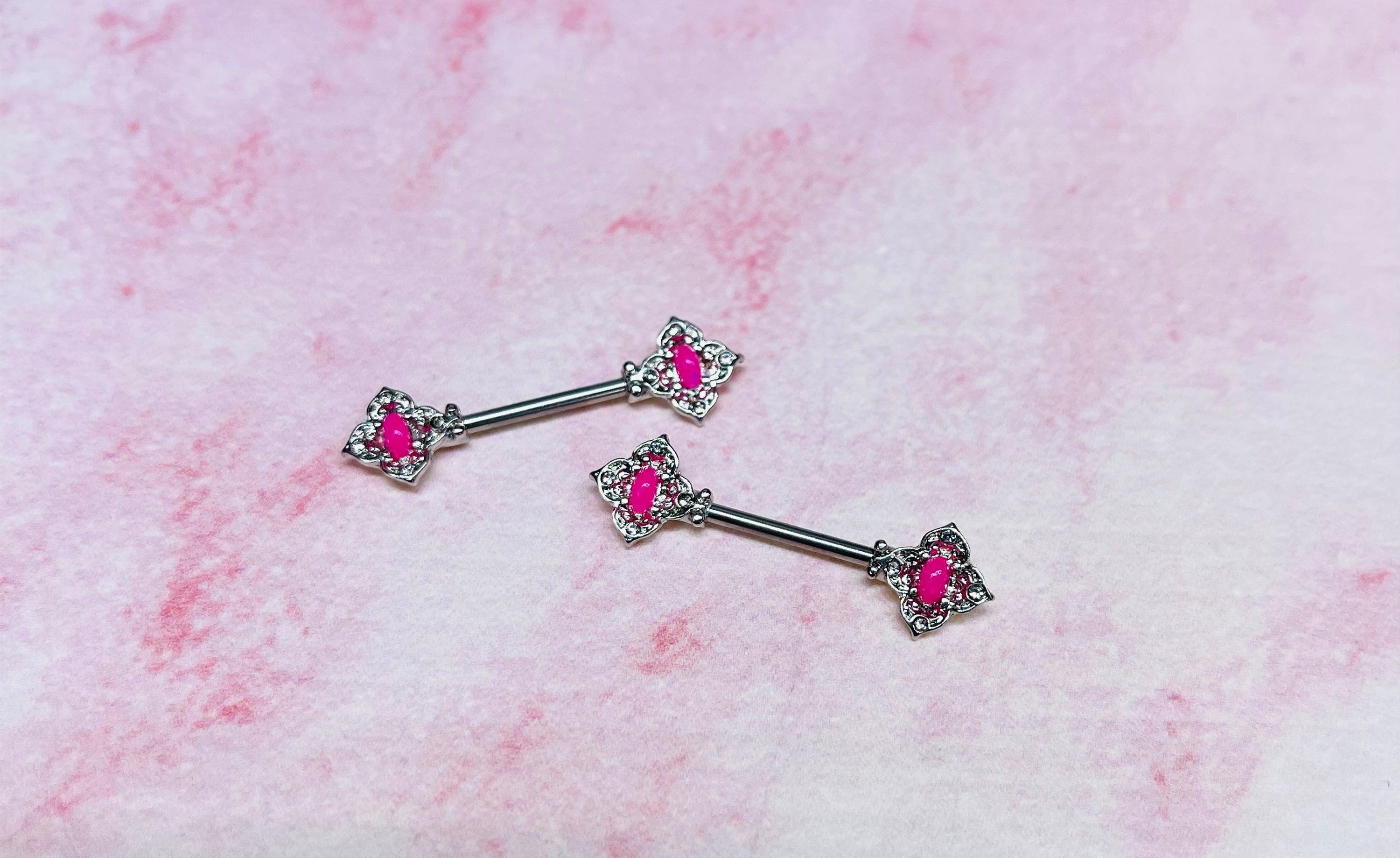 Pair of 14G Silver Floral Filigree with Crystals and White Pink Center Nipple Barbell. Nipple Rings. Nipple Jewelry.