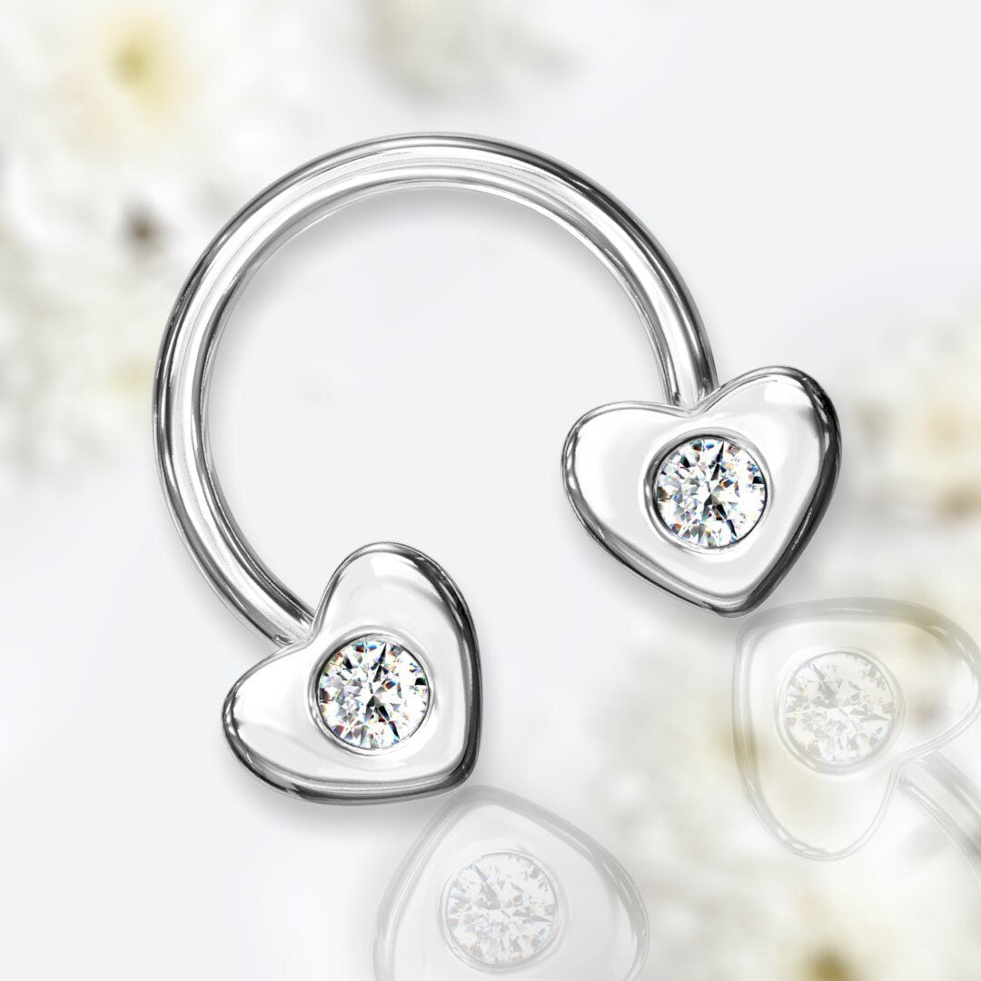16G Silver Clear Stone Heart Ends Horseshoe. Septum Ring. Nose Ring.