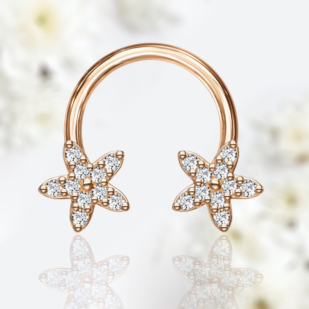 16G Rose Gold Sparkling Flower Ends Horseshoe for Septum, Tragus & Cartilage Piercing.