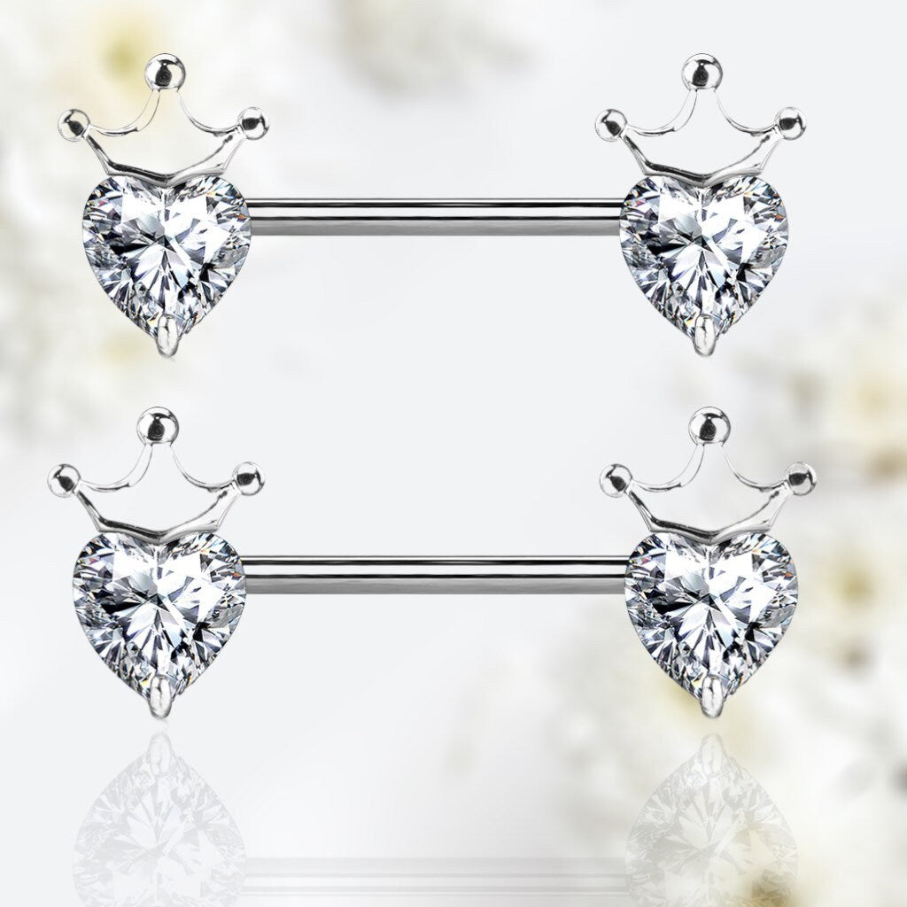 Pair of 14G Heart & Crown Top Nipple Barbell. Nipple Piercing. Nipple Ring. Nipple Jewelry