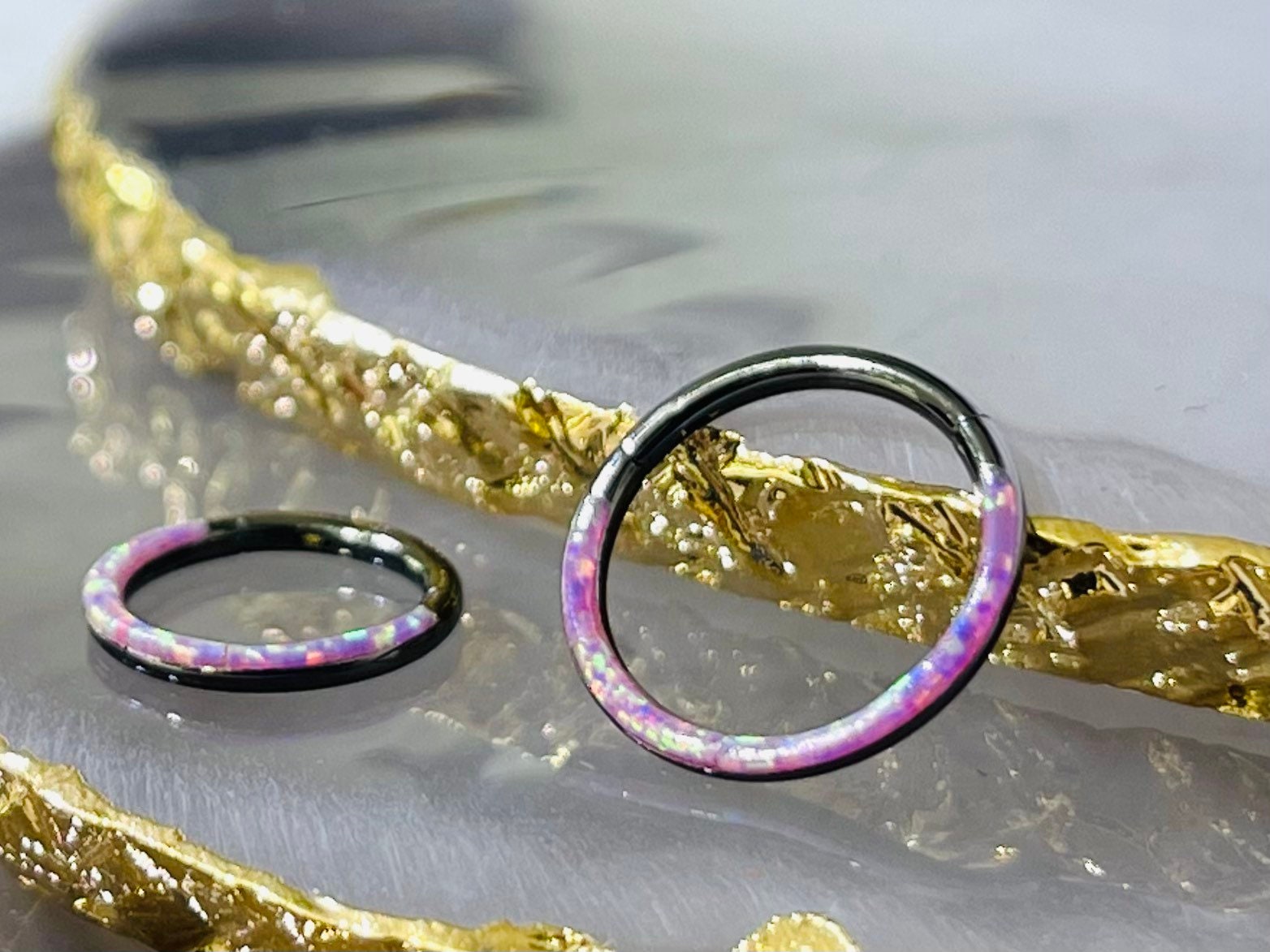 16G Black & Pink Opal Inlay Hinged Septum Clicker Ring. Septum Piercing. Septum Ring. Nose Ring. Body Jewelry.