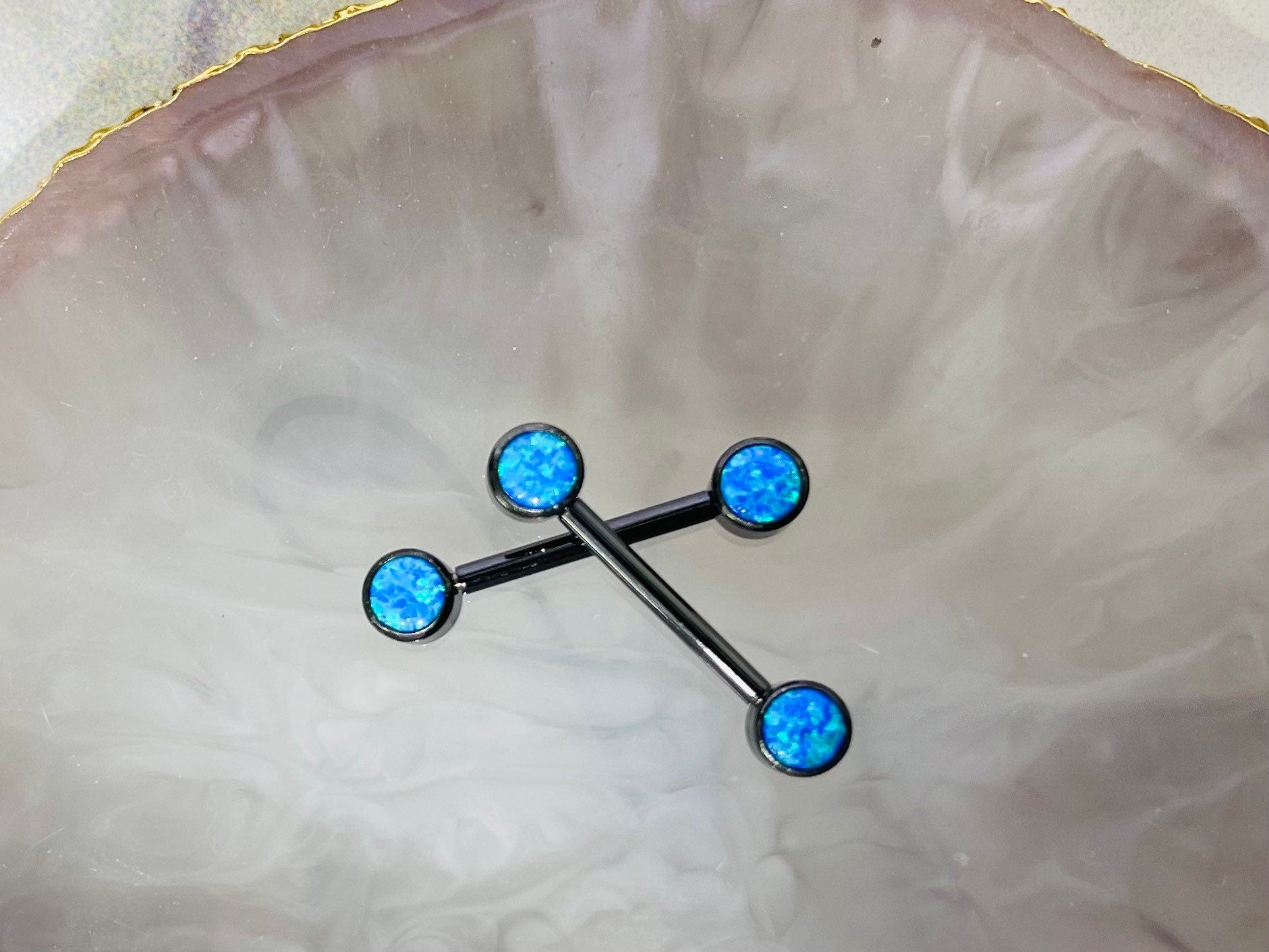 Pair of 14G Implant Grade Titanium Internally Threaded Black Bezel Set Blue Opal Stone Nipple Barbell.
