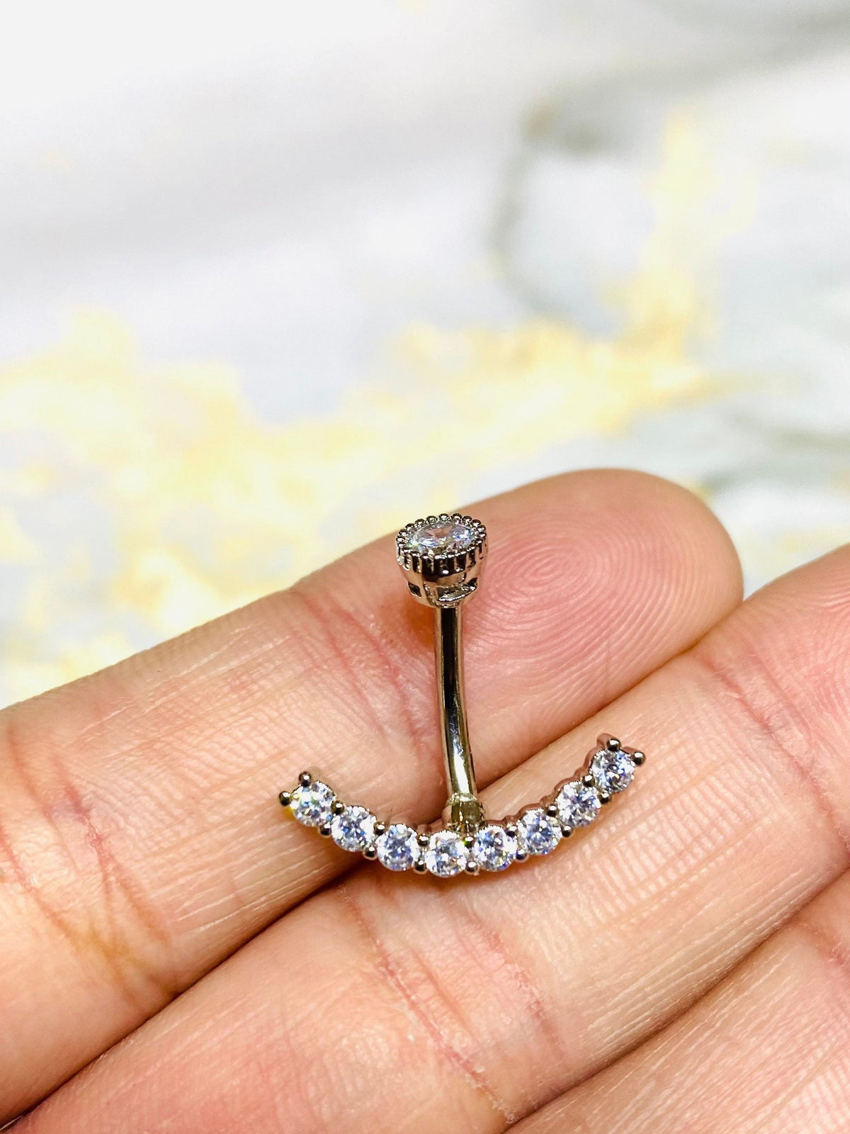 14G Silver Sparkling Crystal Curved Line with Internally Threaded Top Belly Button Ring. Belly rings. Belly Piercing. Navel Piercing.