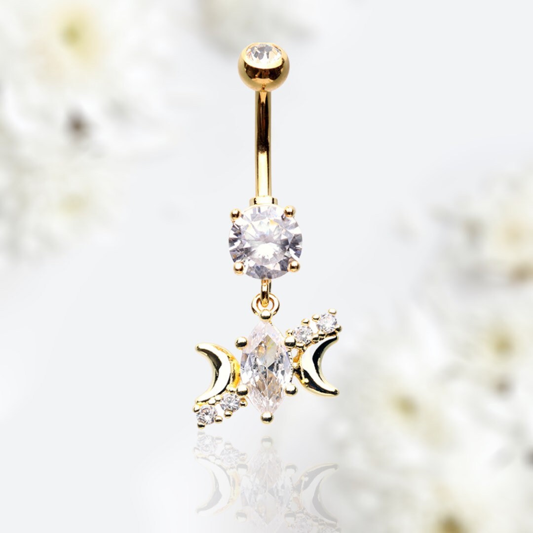 14G Gold Sparkling Marquise Stone Center with Dainty Moon Belly Button Ring