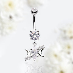 14G Silver Sparkling Marquise Stone Center with Dainty Moon Belly Button Ring