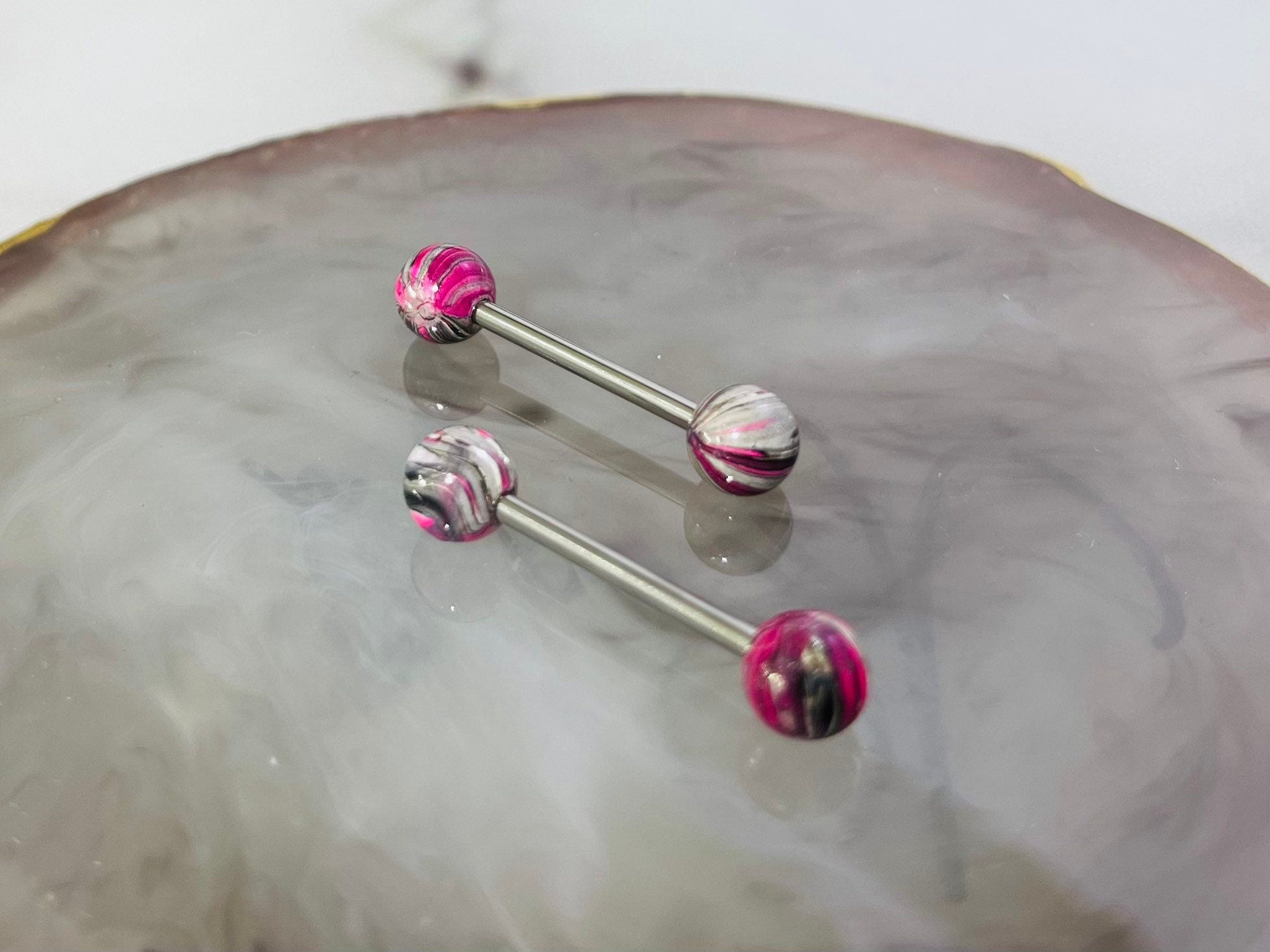 Pair of 14G Black and Pink Multicolor Ball Ends Nipple Barbell