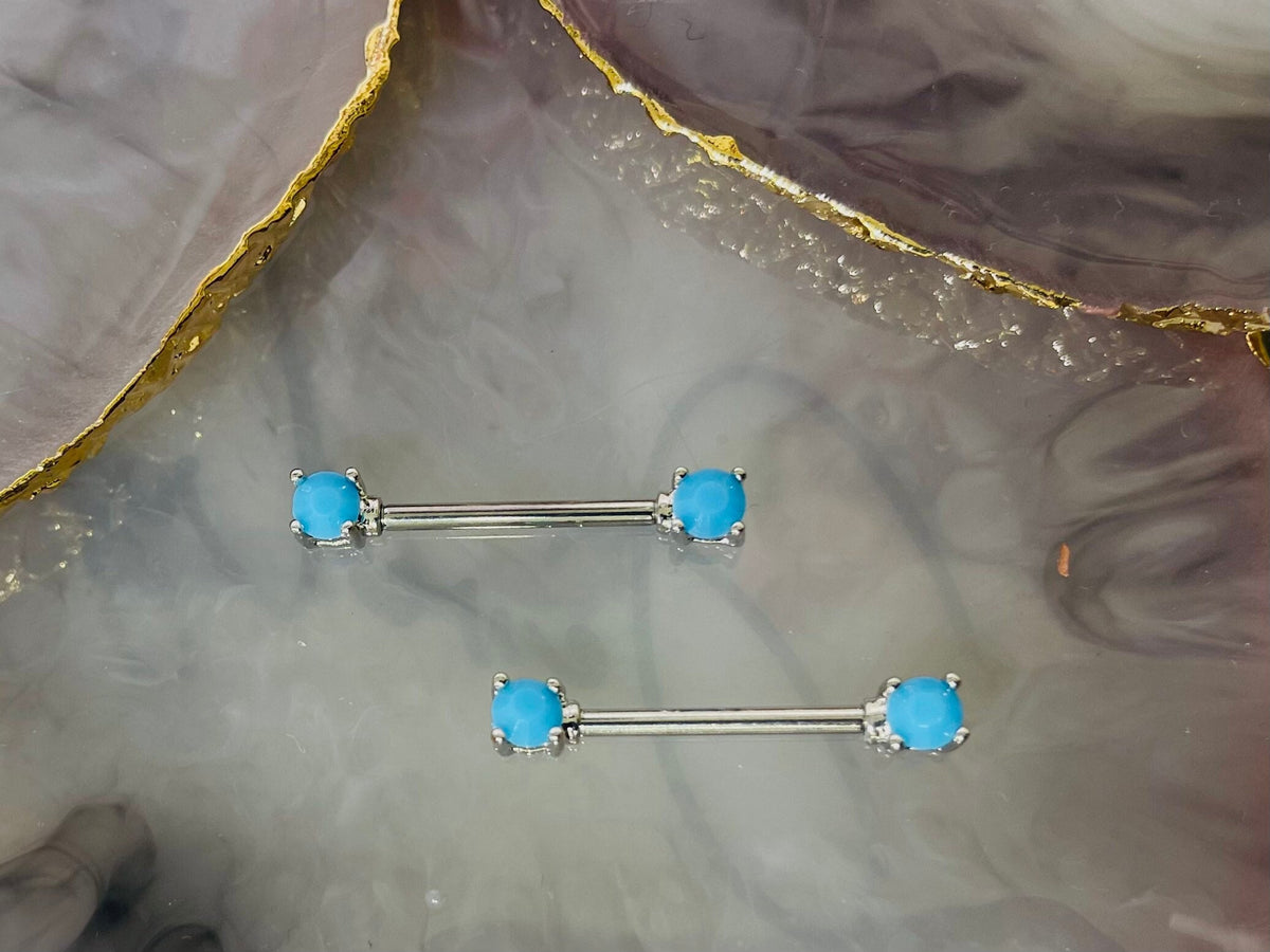 Pair of 14G Silver Turquoise Gem Nipple Barbell. Nipple Rings. Nipple Piercing. Nipple Jewelry. Body Jewelry. Body Piercing.