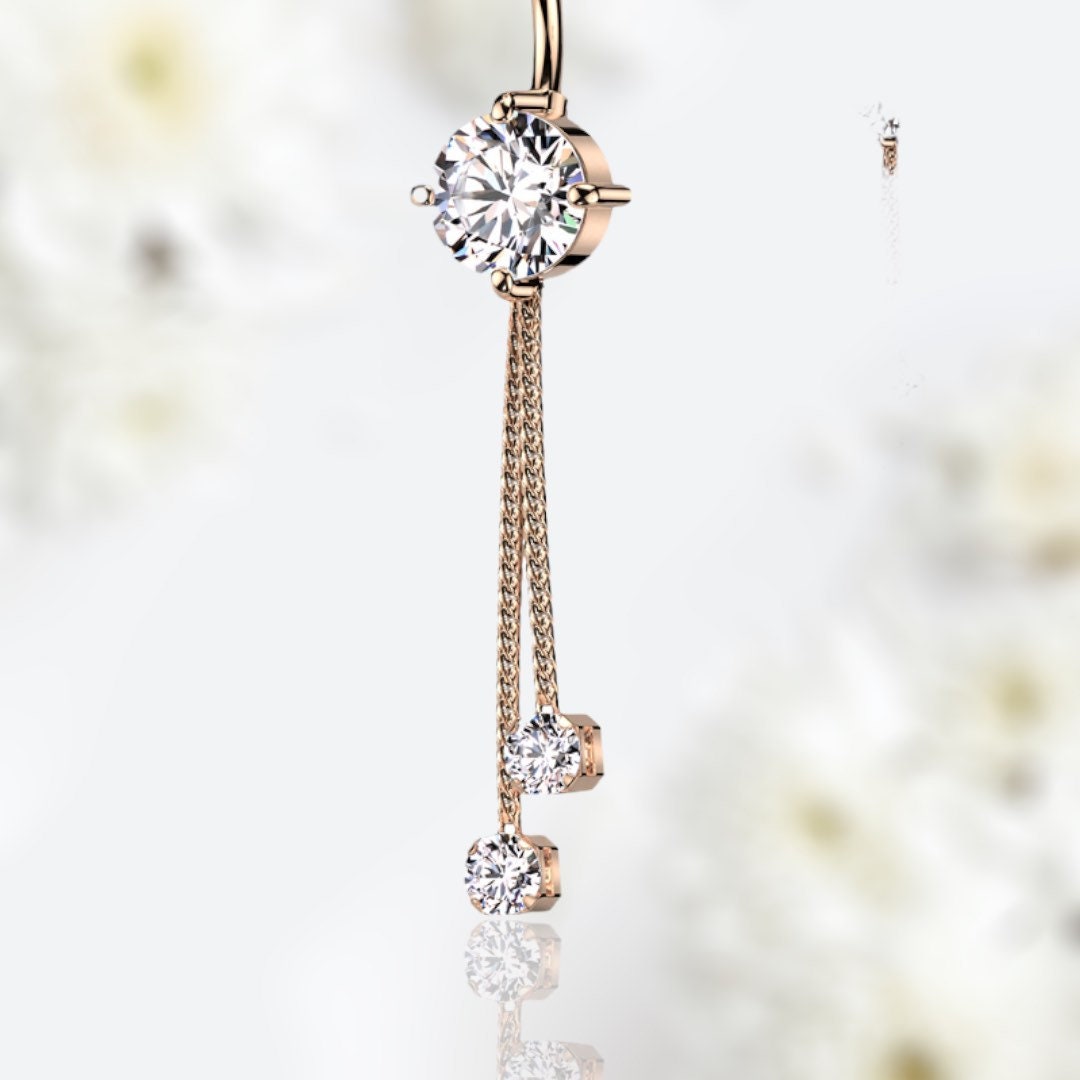Rose Gold Dangling Rope with Clear Gems Belly Button Ring
