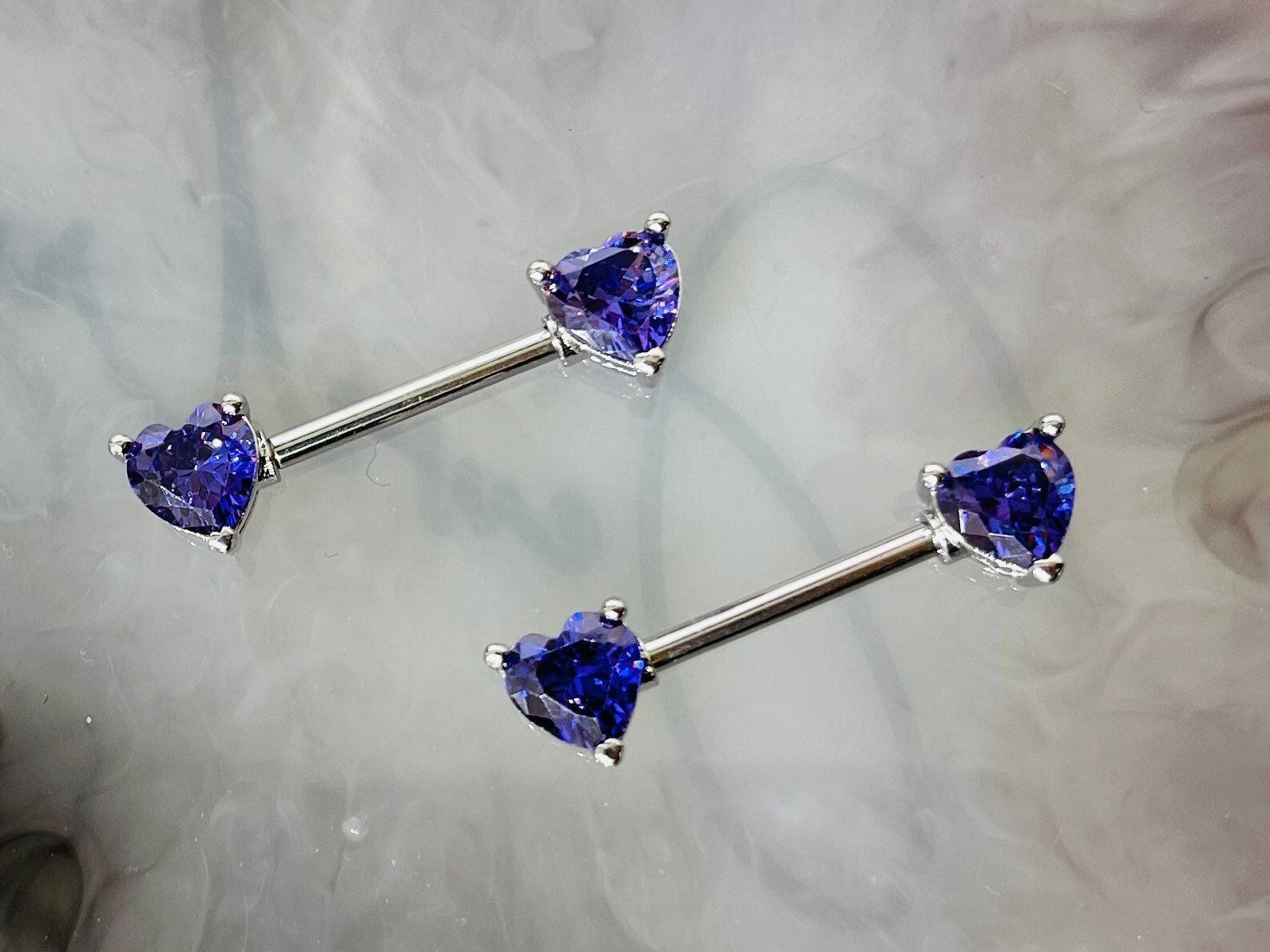 Pair of 14G Silver Sparkling Heart Gems Nipple Barbells.Nipple Piercing. Nipple Rings. Nipple Jewelry. Body Jewelry.Heart Nipple Ring
