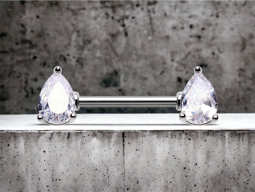 Pair of 14G Silver Teardrop Pear Shape Nipple Barbell. Nipple Piercing. Nipple Rings. Nipple Jewelry.Body Jewelry. Nipple