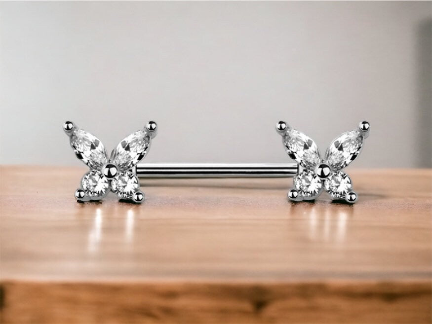 Pair of 14G Sparkle Butterfly Nipple Barbell Jewelry • Nipple Rings • Gift for Her