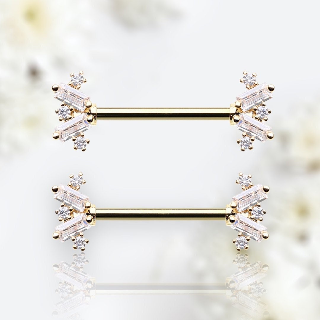 Pair of 14G Gold Sparkling Dainty Baguette Stone  Nipple Barbell. Nipple Rings. Nipple Piercing