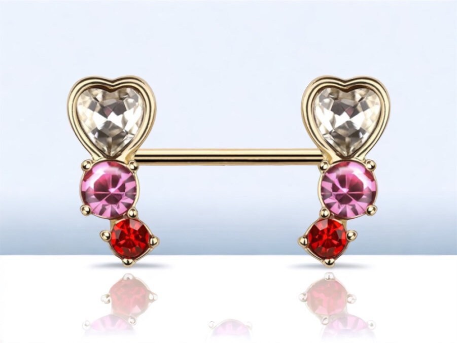 Gold Clear Pink Red Gem Heart Gem Nipple Jewelry Barbell