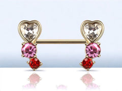 Gold Clear Pink Red Gem Heart Gem Nipple Jewelry Barbell