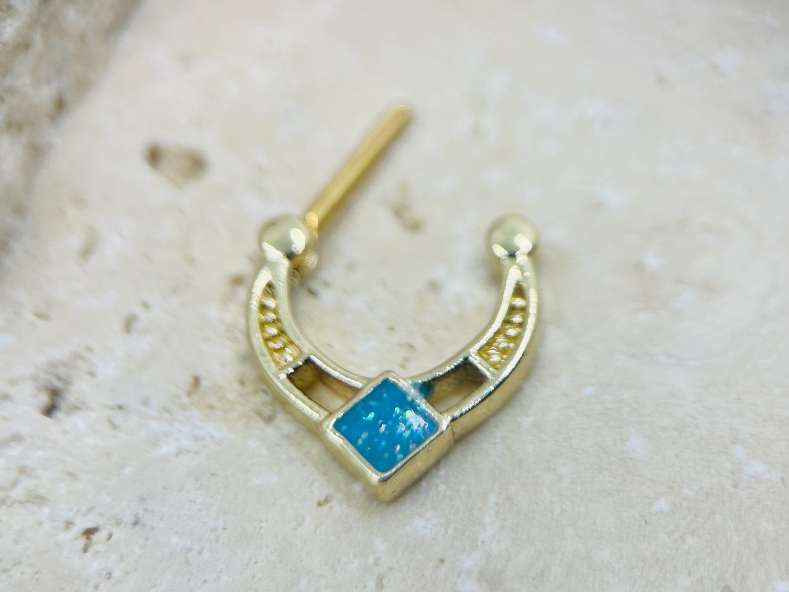 16G Gold Blue Opal Glitter Septum Clicker Ring • Septum Piercing