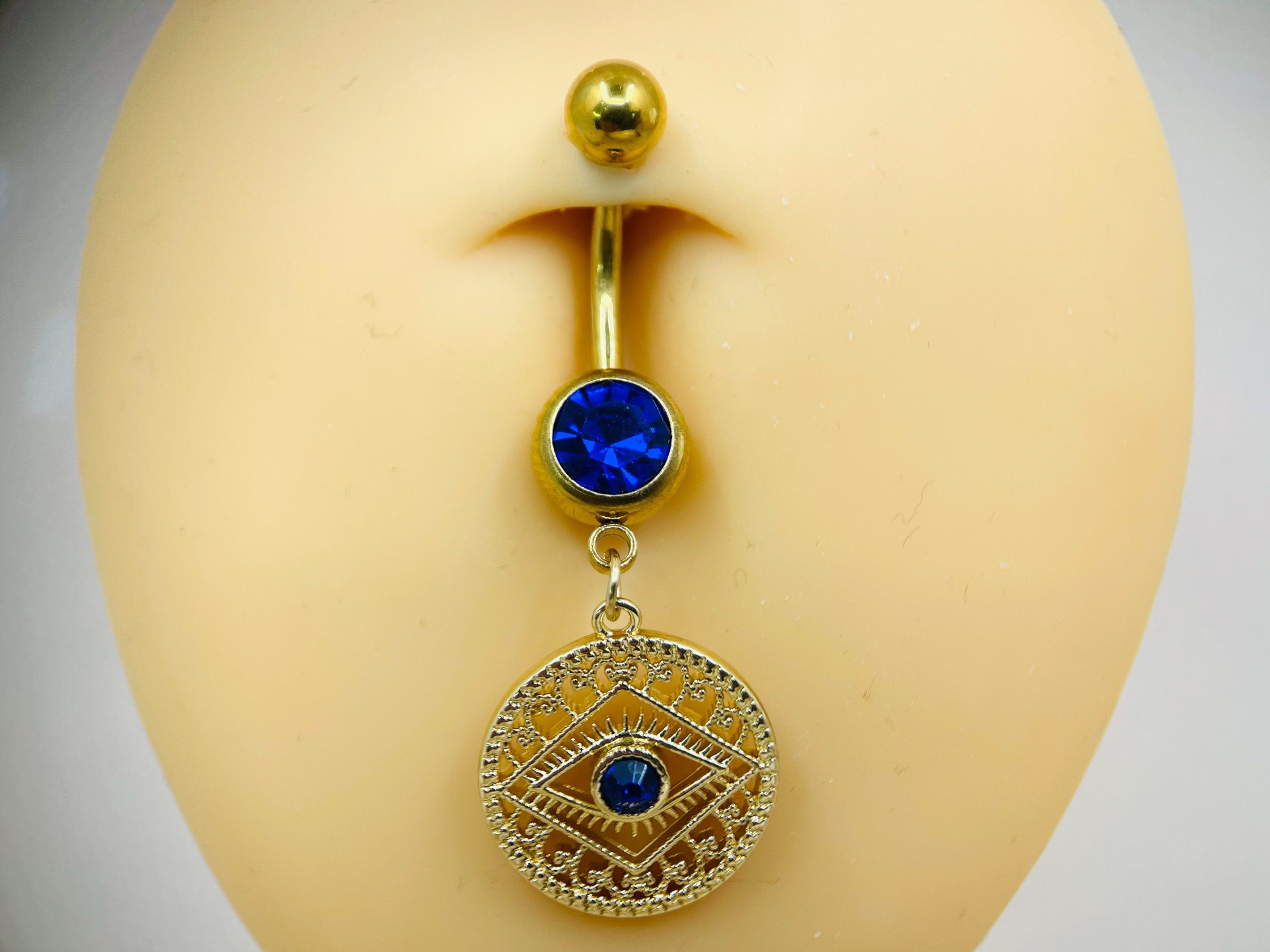 Evil Eye Belly Button Ring • Dangling Evil Eye Charm Belly Piercing • Navel Piercing
